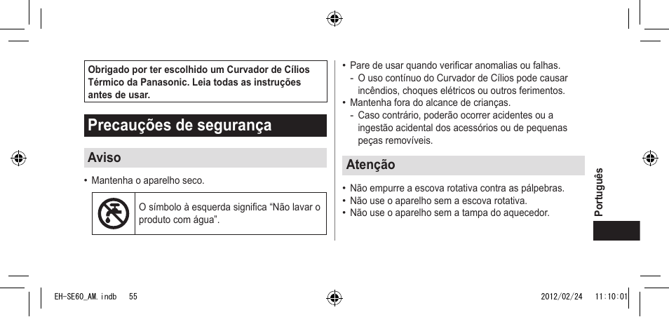 Português, Precauçõesdesegurança, Aviso | Atenção | Panasonic EH-SE60VP User Manual | Page 55 / 74