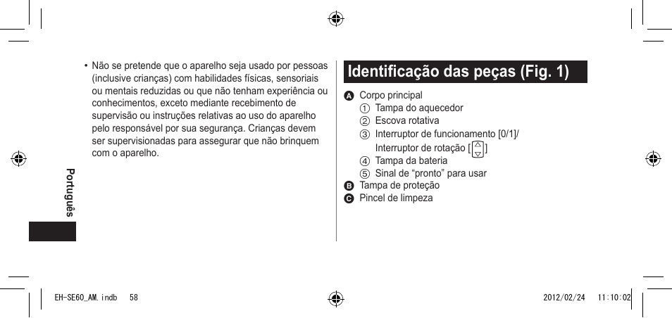 Identificaçãodaspeças(fig.1) | Panasonic EH-SE60VP User Manual | Page 58 / 74