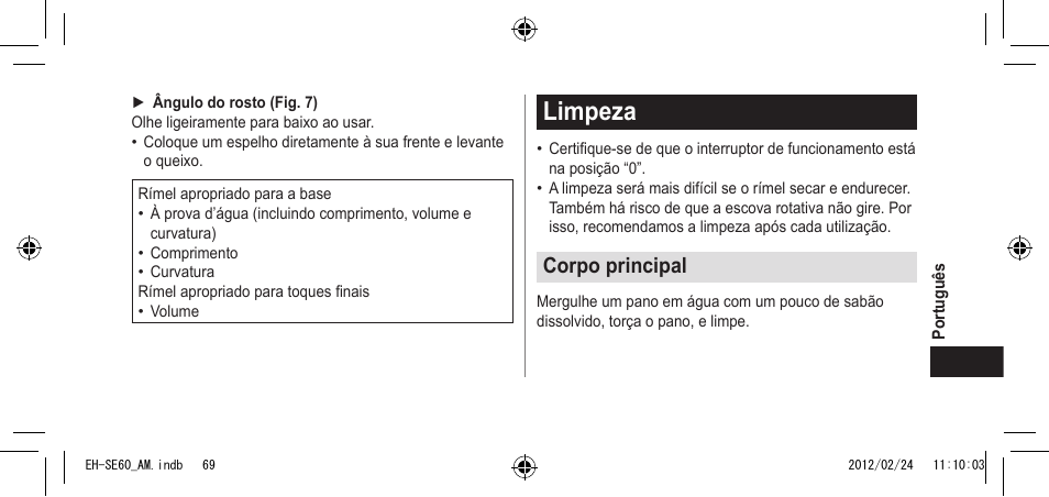 Limpeza, Corpoprincipal | Panasonic EH-SE60VP User Manual | Page 69 / 74