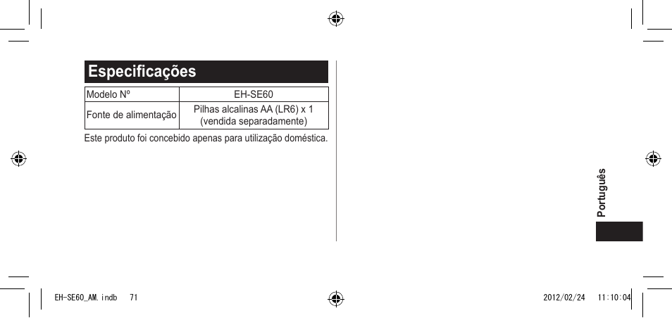 Especificações | Panasonic EH-SE60VP User Manual | Page 71 / 74