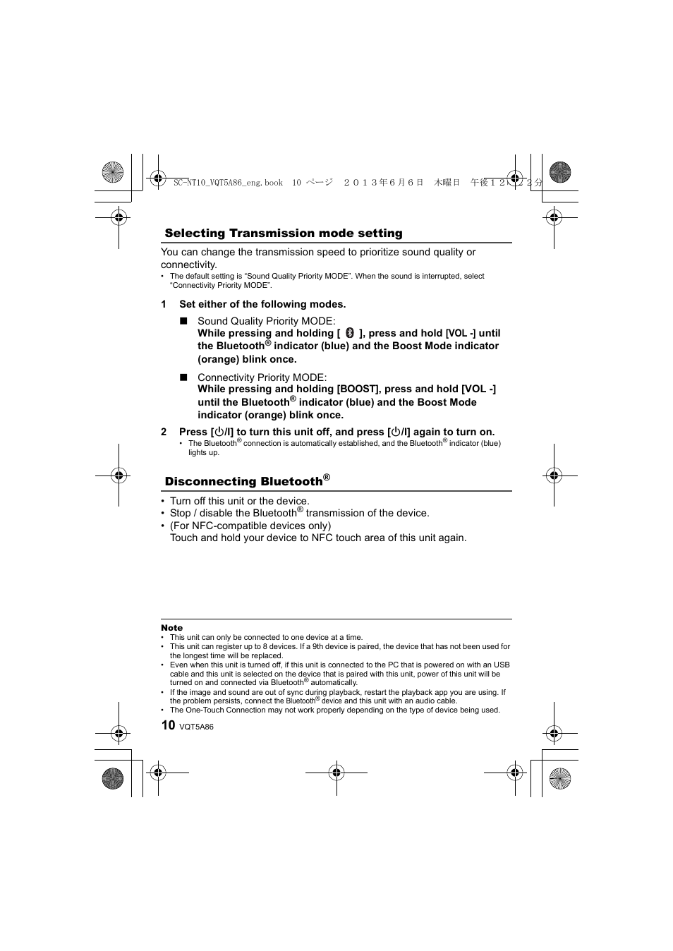 Selecting transmission mode setting, Disconnecting bluetooth | Panasonic SC-NT10D User Manual | Page 10 / 20