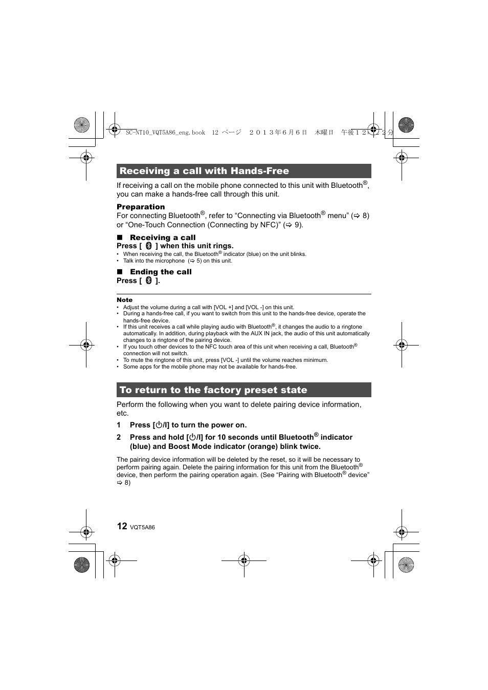 Receiving a call with hands-free, To return to the factory preset state | Panasonic SC-NT10D User Manual | Page 12 / 20