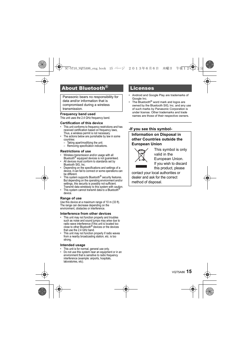 About bluetooth, Licenses | Panasonic SC-NT10D User Manual | Page 15 / 20