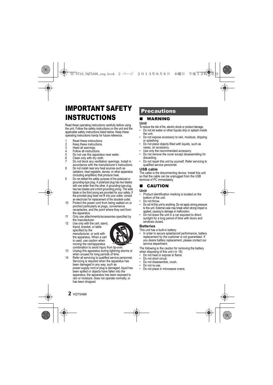 Important safety instructions, Precautions | Panasonic SC-NT10D User Manual | Page 2 / 20
