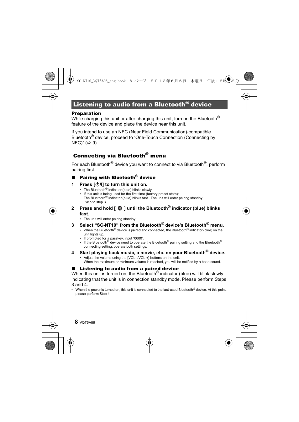 Listening to audio from a bluetooth® device, Connecting via bluetooth® menu, Listening to audio from a bluetooth | Device, Connecting via bluetooth, Menu | Panasonic SC-NT10D User Manual | Page 8 / 20