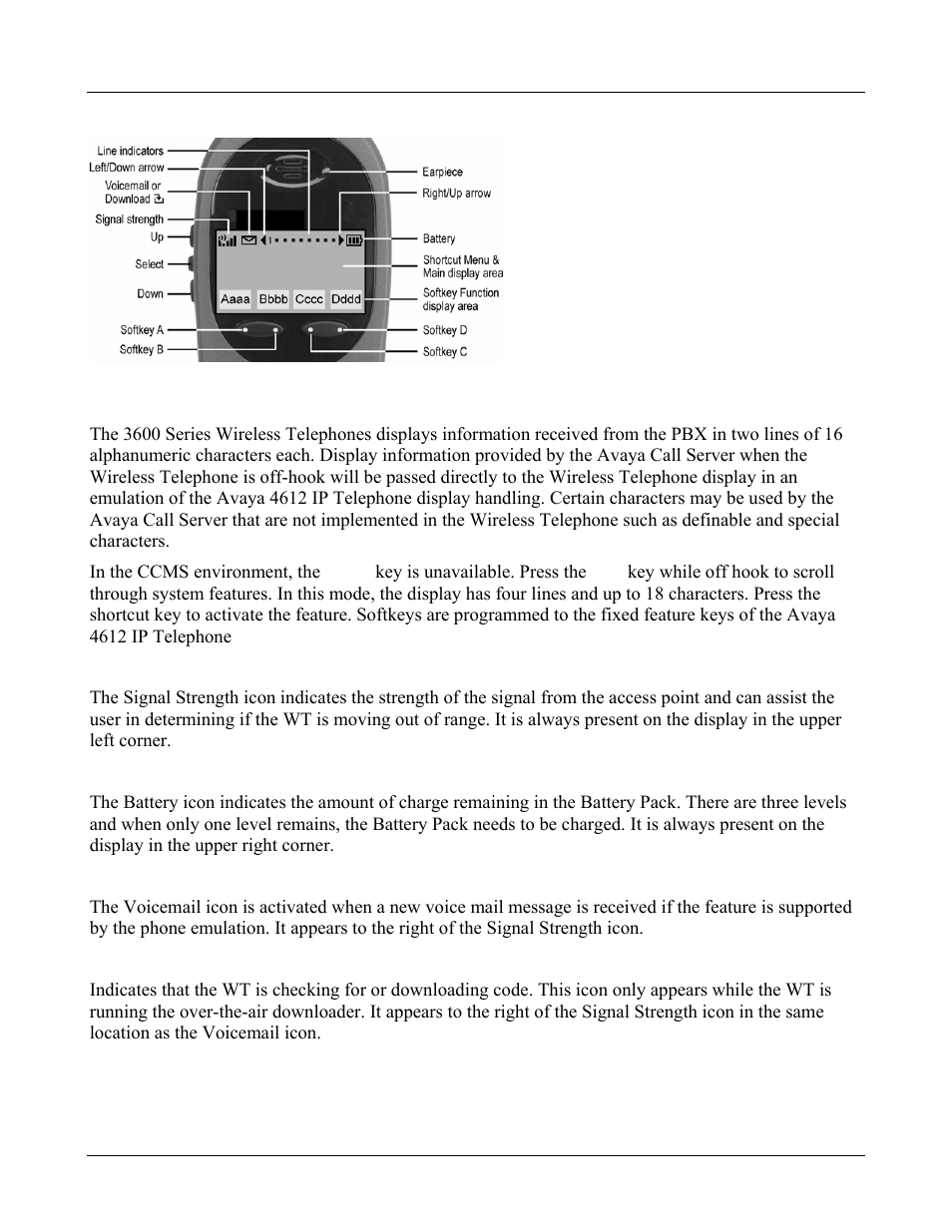 2 the display, Alphanumeric, Signal strength | Battery charge, Voicemail, Download, The display 13 | Avaya 3600 User Manual | Page 13 / 64