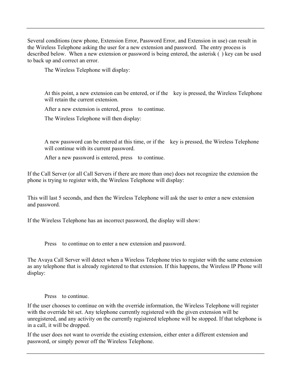 Entering an extension and password, Extension error, Password error | Extension override | Avaya 3600 User Manual | Page 35 / 64