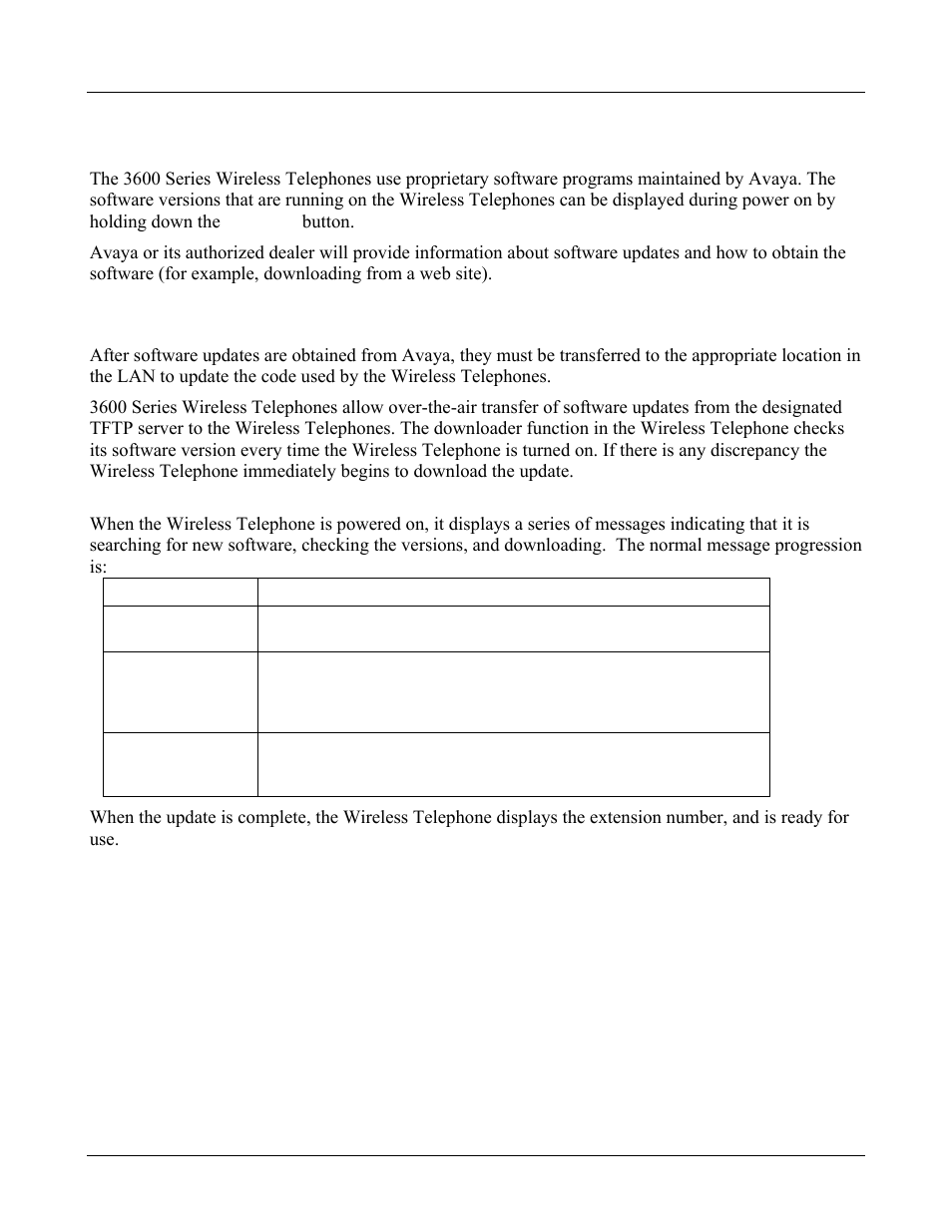 Software maintenance, 1 upgrading wireless telephones, Normal download messages | Software maintenance 50, Upgrading wireless telephones 50 | Avaya 3600 User Manual | Page 50 / 64