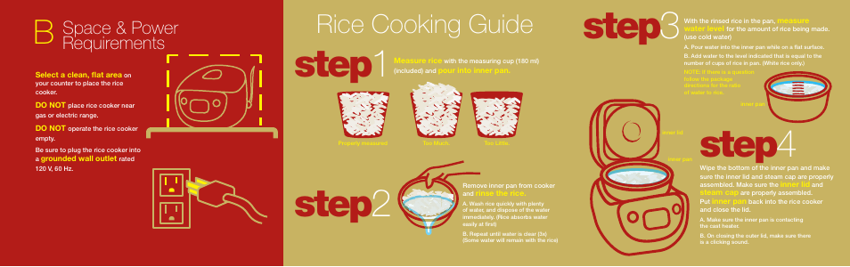 Step 4, Step 3, Step 1 step 2 | Rice cooking guide, Space & power requirements | Panasonic SR-DE103 User Manual | Page 2 / 2