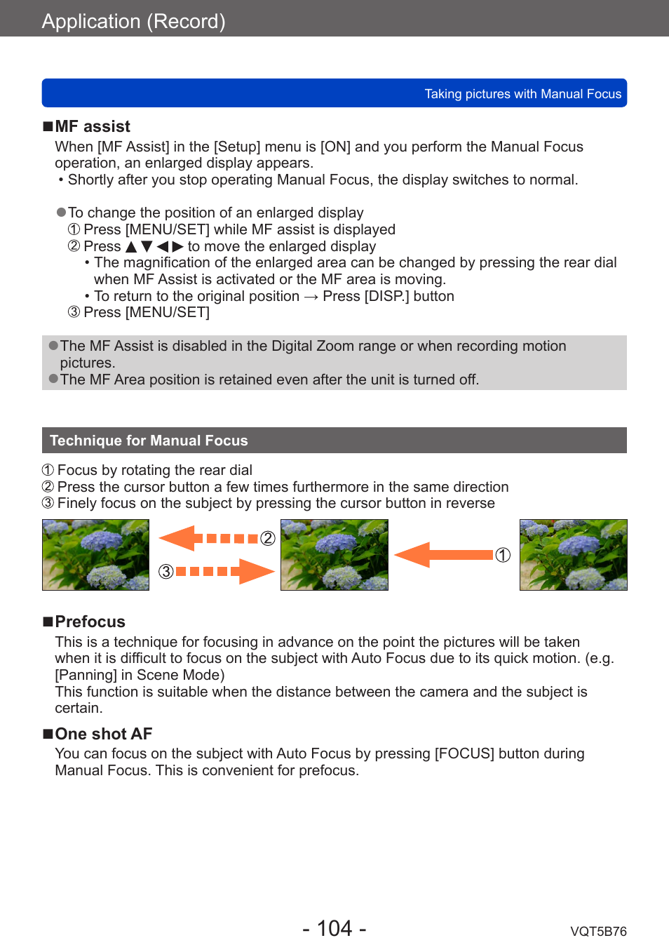 Technique for manual focus, Application (record) | Panasonic DMC-FZ70K User Manual | Page 104 / 226
