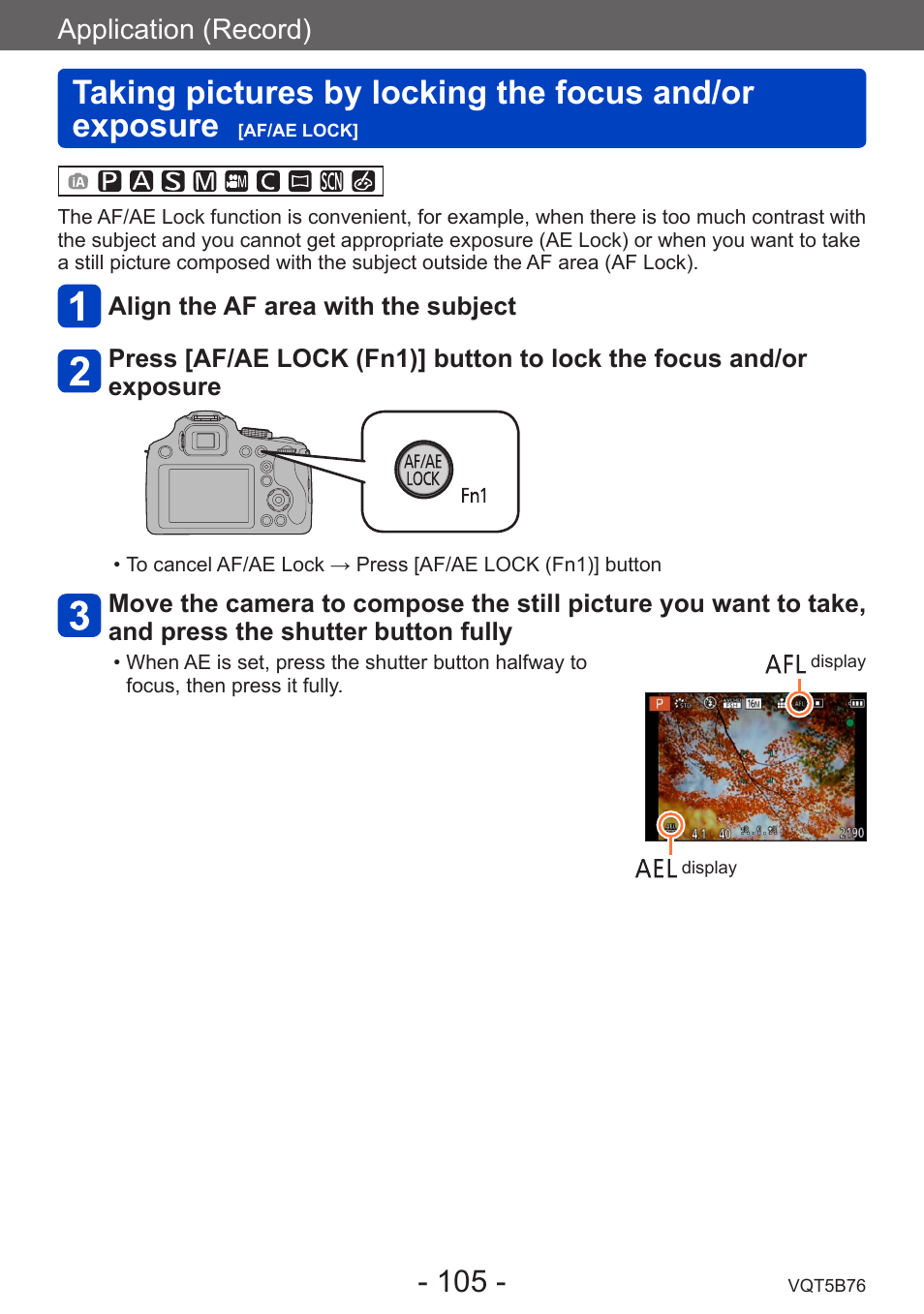 Taking pictures by locking the, Focus and/or exposure, Af/ae lock | Application (record) | Panasonic DMC-FZ70K User Manual | Page 105 / 226
