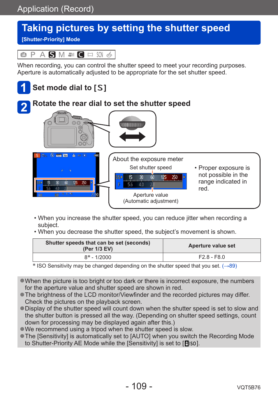 Taking pictures by setting the, Shutter speed, Shutter-priority] mode | Taking pictures by setting the shutter speed, Application (record) | Panasonic DMC-FZ70K User Manual | Page 109 / 226
