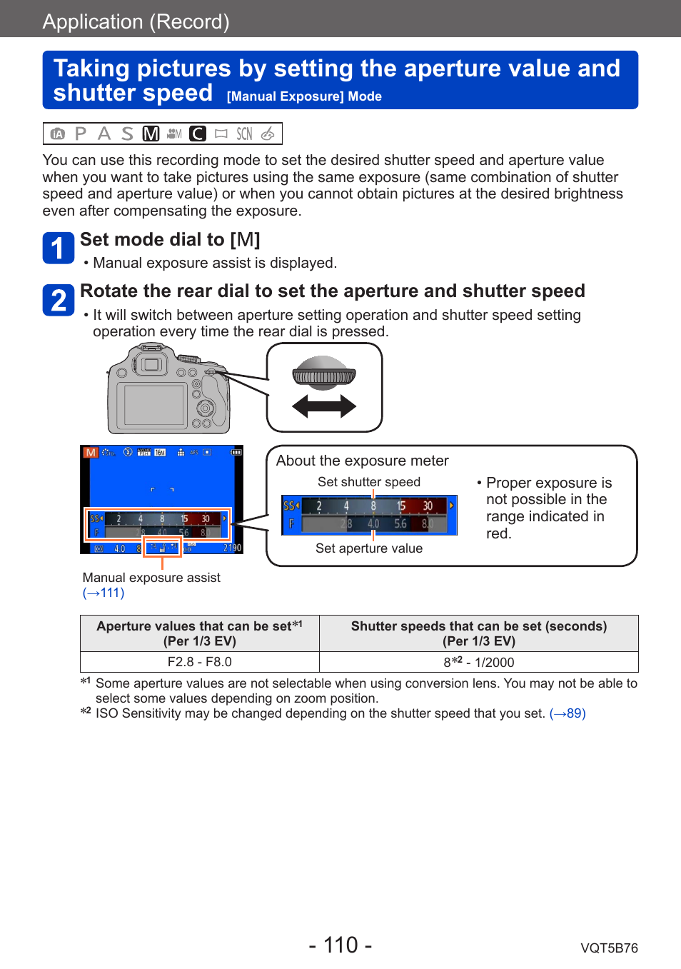 Taking pictures by setting the, Aperture value and shutter speed, Manual exposure] mode | Application (record), Set mode dial to | Panasonic DMC-FZ70K User Manual | Page 110 / 226