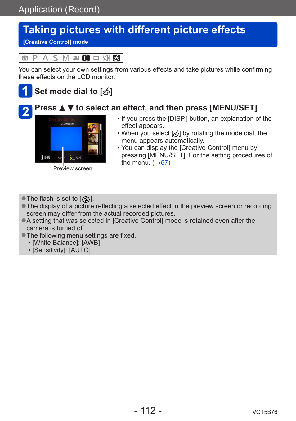 Taking pictures with different, Picture effects, Creative control] mode | Taking pictures with different picture effects, Application (record) | Panasonic DMC-FZ70K User Manual | Page 112 / 226