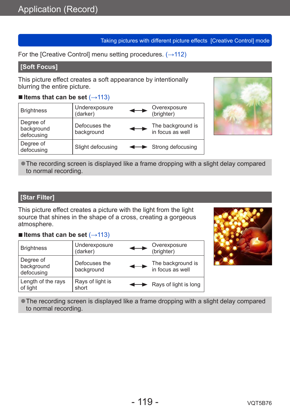 Soft focus, Star filter, Application (record) | Panasonic DMC-FZ70K User Manual | Page 119 / 226
