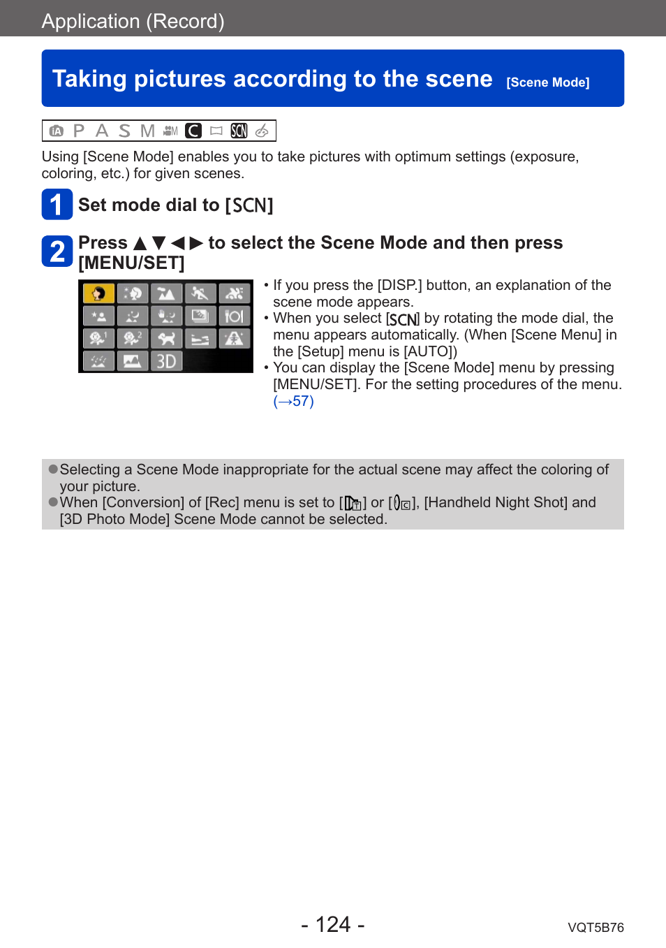 Taking pictures according to the scene [scene mode, Taking pictures according to the scene, Scene mode | Application (record) | Panasonic DMC-FZ70K User Manual | Page 124 / 226