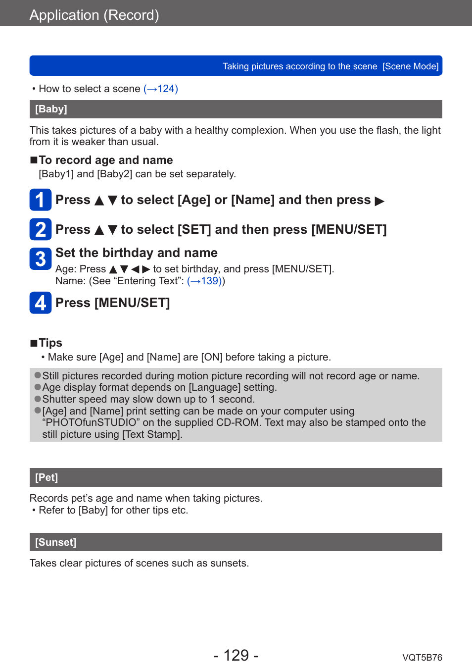 Baby, Sunset, Application (record) | Panasonic DMC-FZ70K User Manual | Page 129 / 226