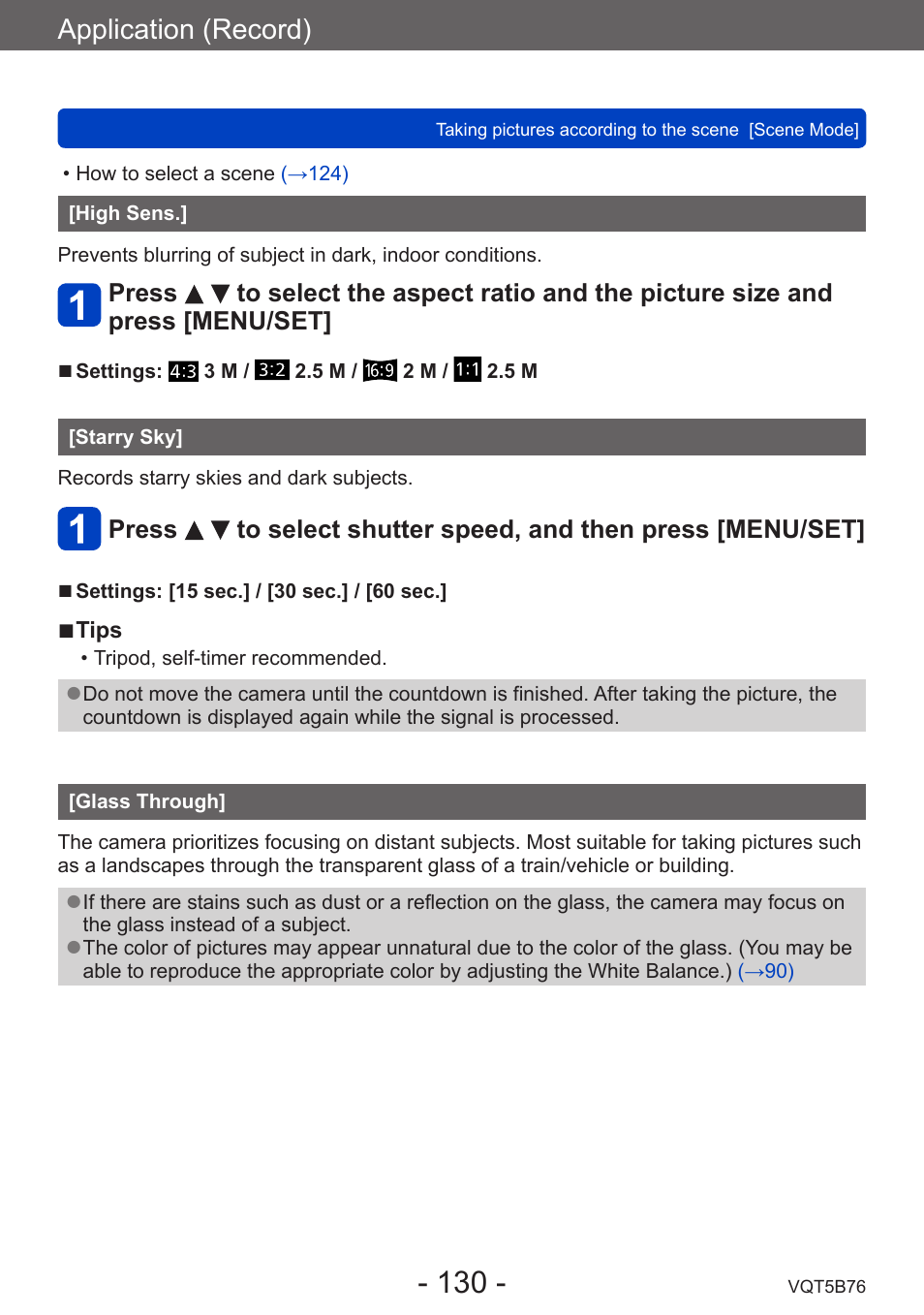 High sens, Starry sky, Glass through | Application (record) | Panasonic DMC-FZ70K User Manual | Page 130 / 226