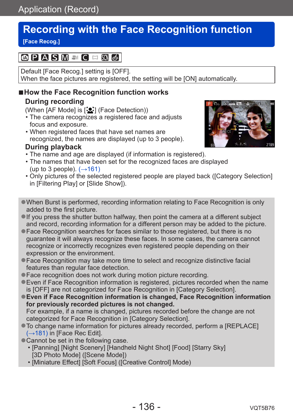 Recording with the face recognition, Function [face recog, Recording with the face recognition function | Application (record) | Panasonic DMC-FZ70K User Manual | Page 136 / 226