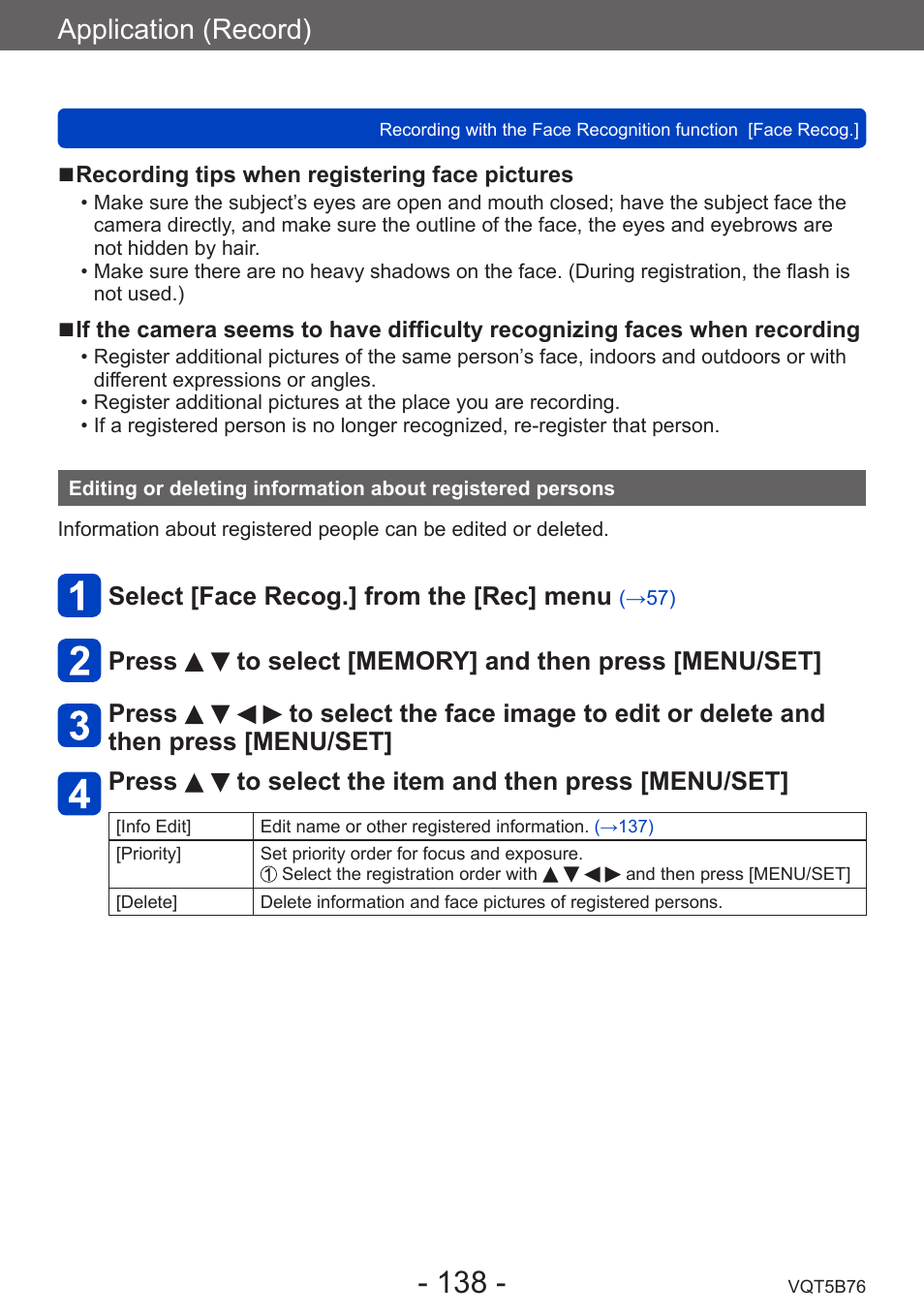 Editing or deleting information about, Registered persons, Application (record) | Select [face recog.] from the [rec] menu | Panasonic DMC-FZ70K User Manual | Page 138 / 226