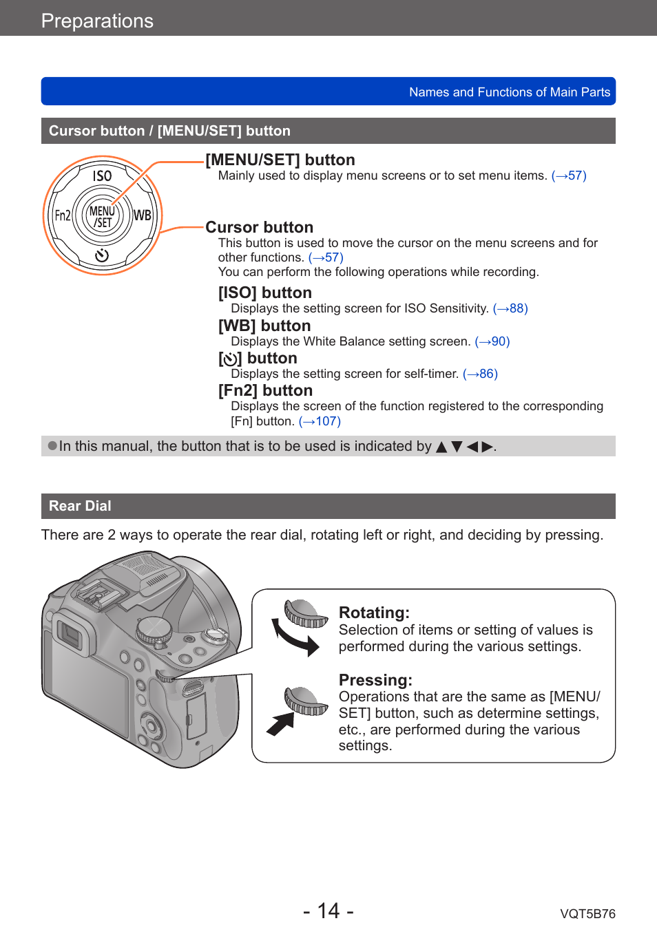 Cursor button / [menu/set] button, Rear dial, Preparations | Panasonic DMC-FZ70K User Manual | Page 14 / 226