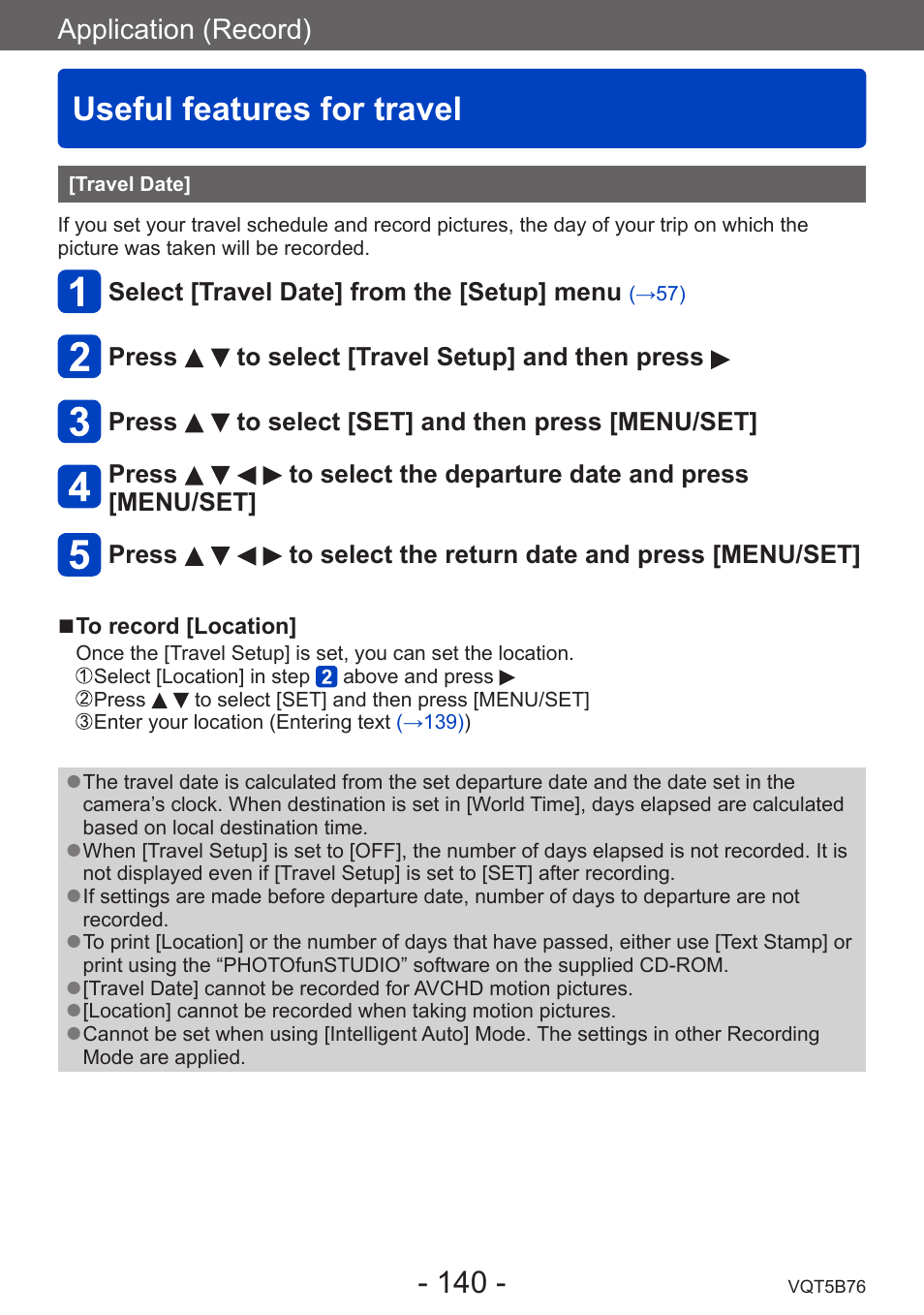 Useful features for travel, Travel date | Panasonic DMC-FZ70K User Manual | Page 140 / 226