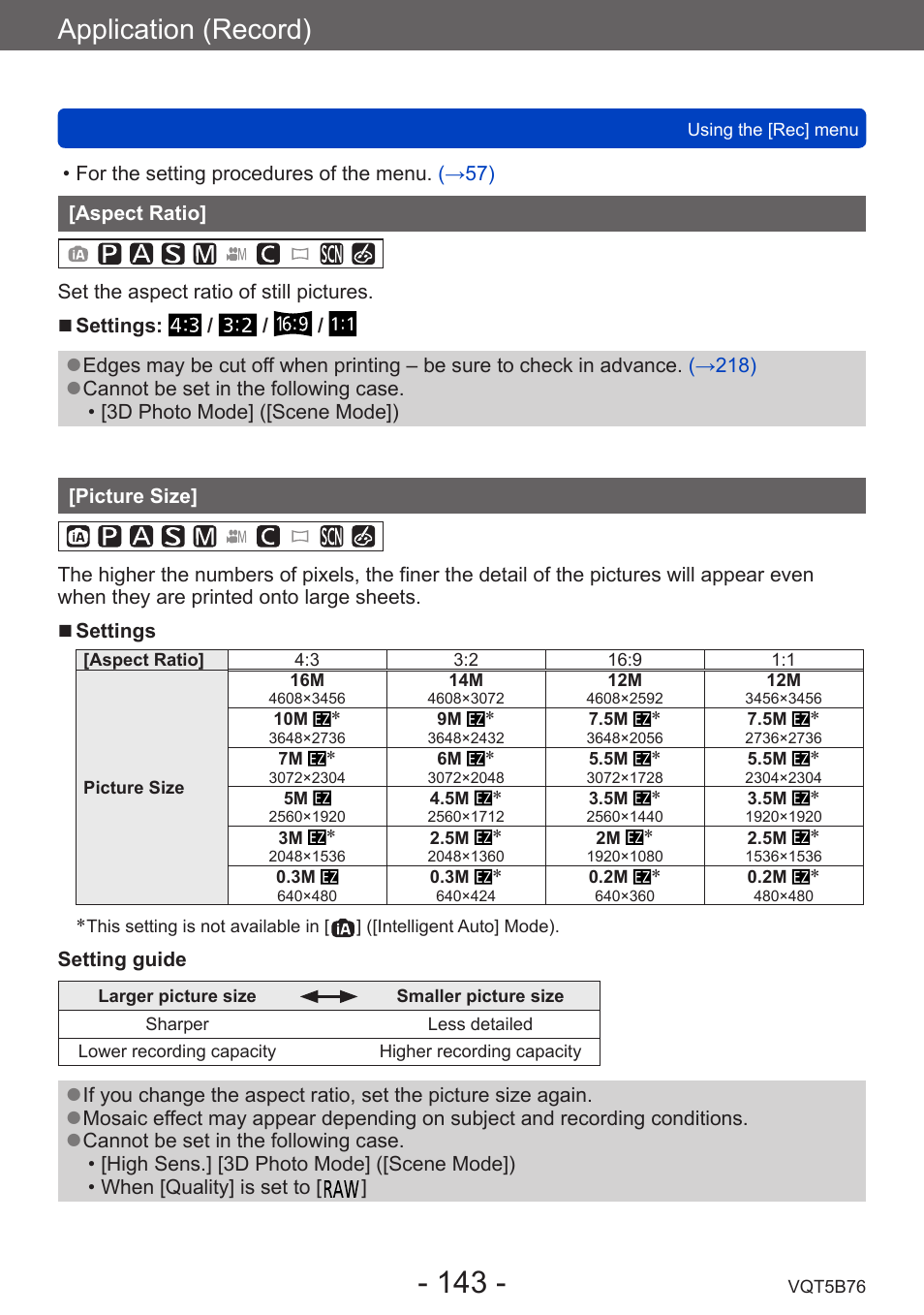 Aspect ratio, Picture size, Application (record) | Panasonic DMC-FZ70K User Manual | Page 143 / 226