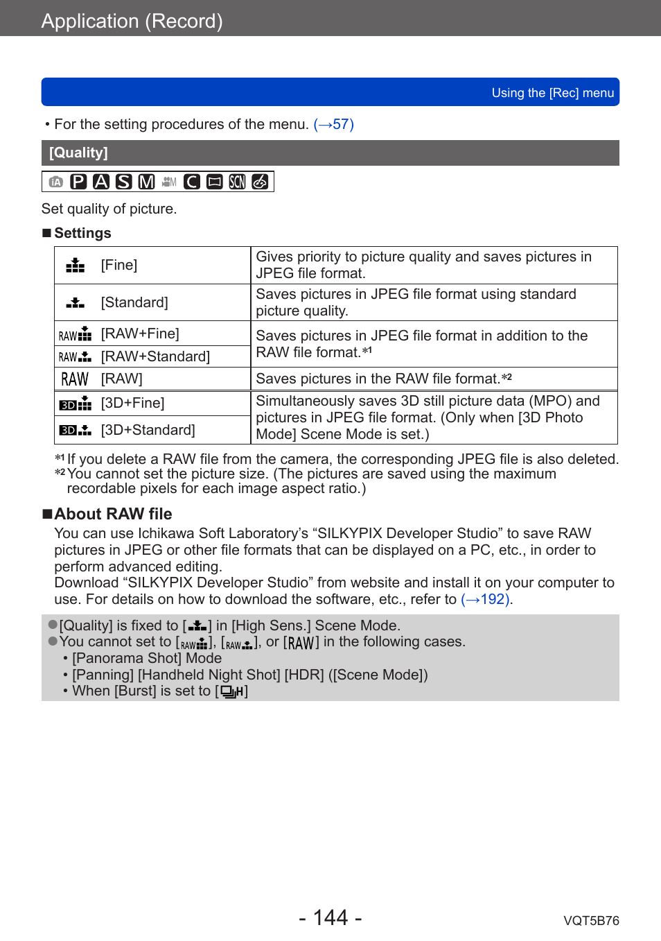 Quality, Application (record) | Panasonic DMC-FZ70K User Manual | Page 144 / 226