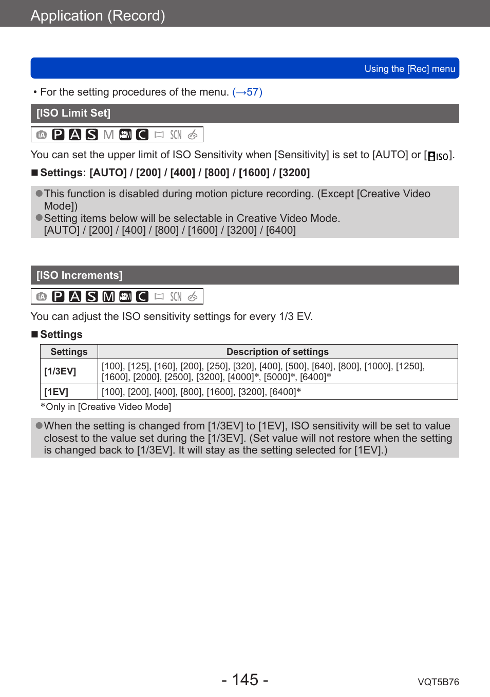 Iso limit set, Iso increments, Application (record) | Panasonic DMC-FZ70K User Manual | Page 145 / 226