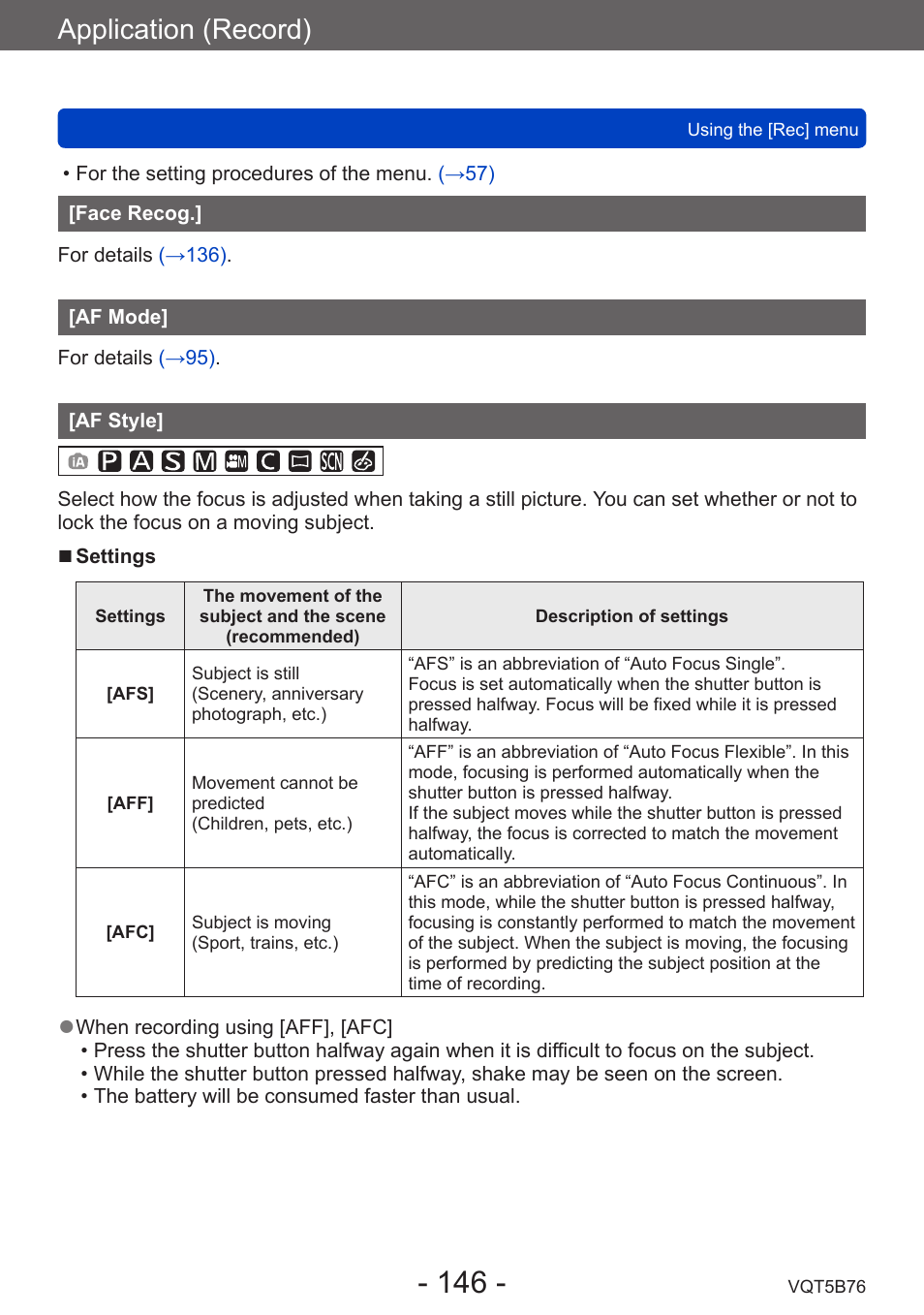 Face recog, Af mode, Af style | Application (record) | Panasonic DMC-FZ70K User Manual | Page 146 / 226