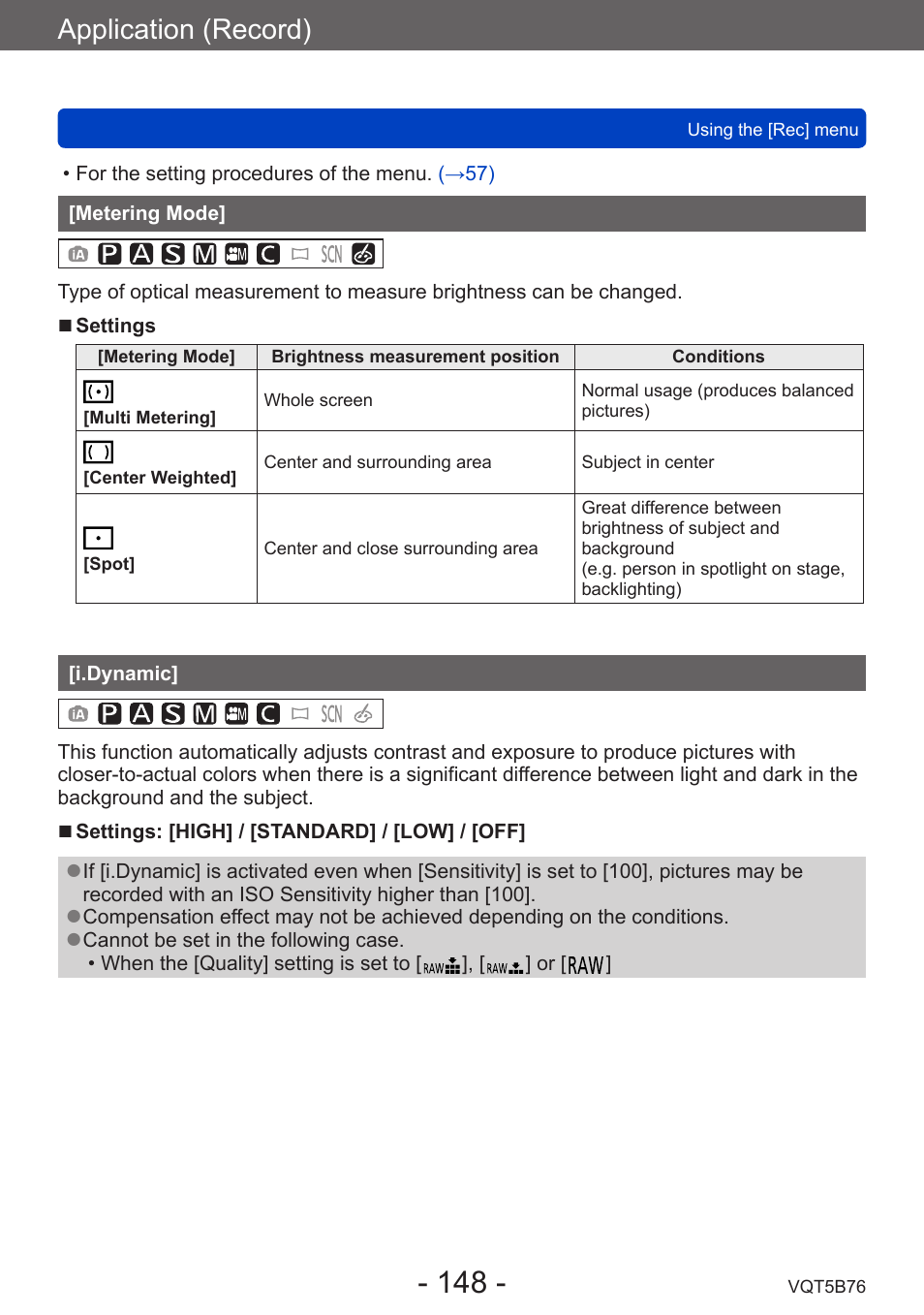 Metering mode, I.dynamic, Application (record) | Panasonic DMC-FZ70K User Manual | Page 148 / 226