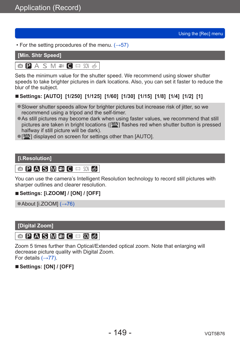 Min. shtr speed, I.resolution, Digital zoom | Application (record) | Panasonic DMC-FZ70K User Manual | Page 149 / 226