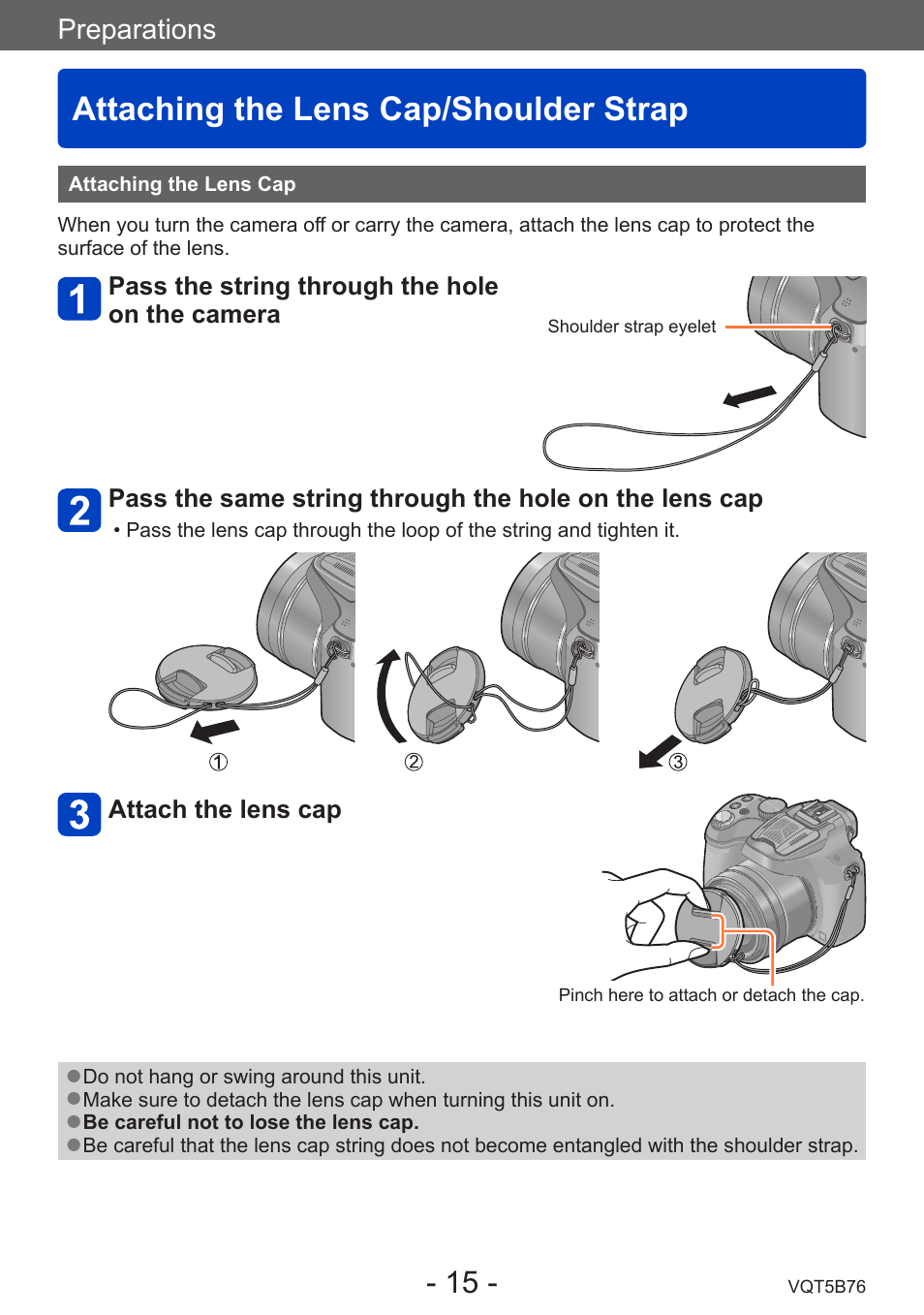 Attaching the lens cap/shoulder strap, Attaching the lens cap, Shoulder strap | Panasonic DMC-FZ70K User Manual | Page 15 / 226