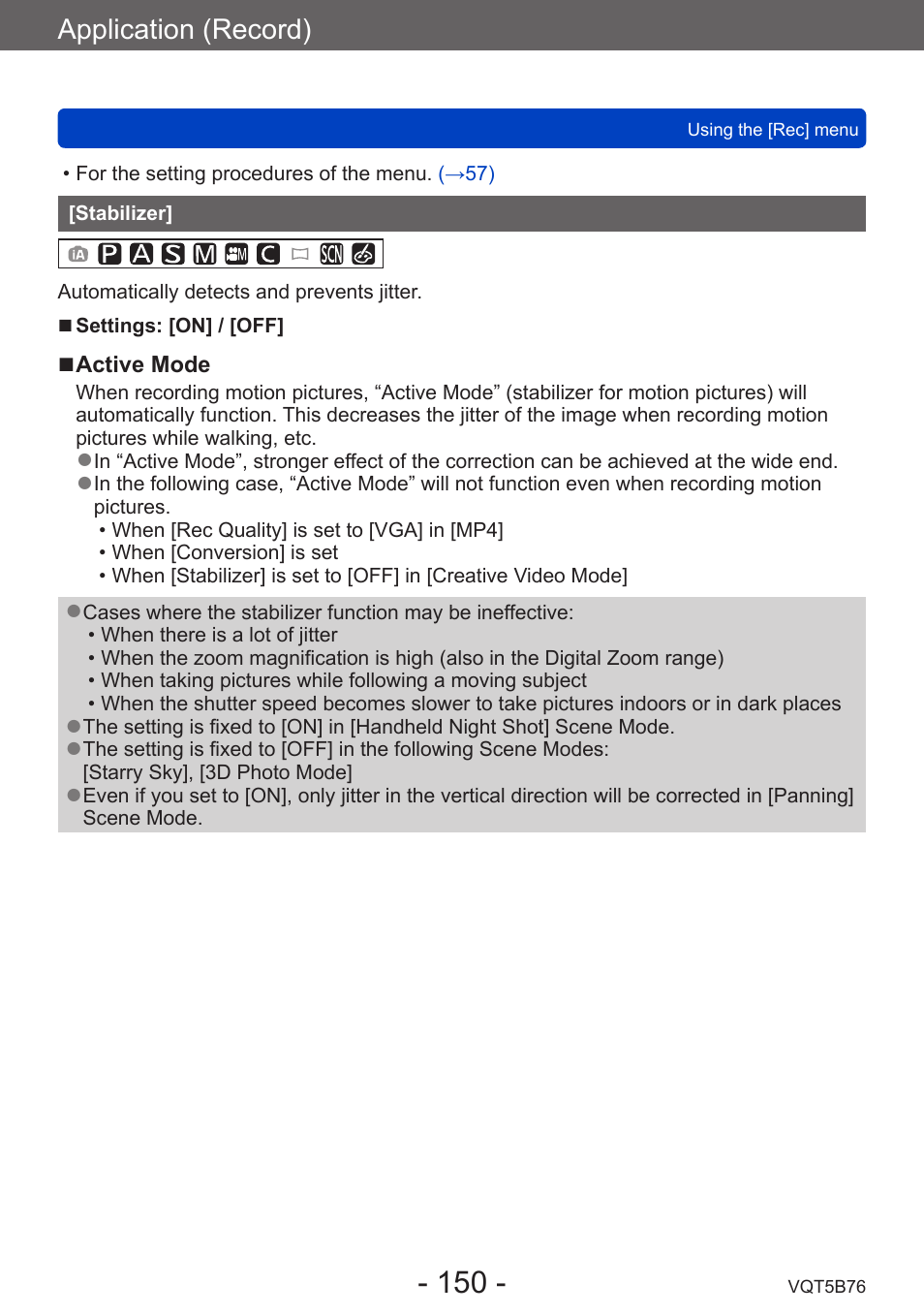 Stabilizer, Application (record) | Panasonic DMC-FZ70K User Manual | Page 150 / 226