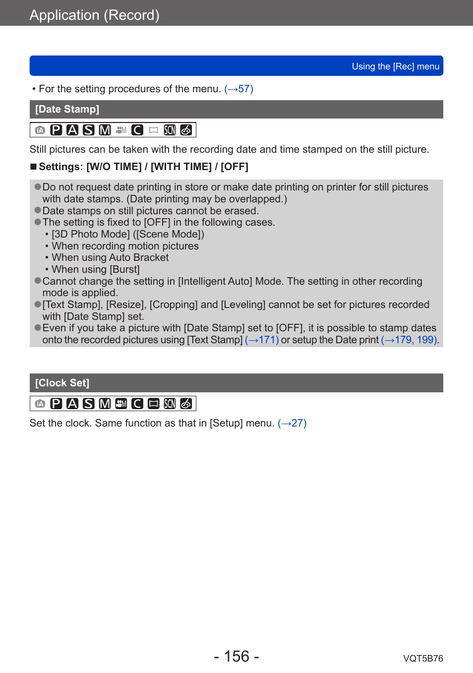 Date stamp, Clock set, Application (record) | Panasonic DMC-FZ70K User Manual | Page 156 / 226