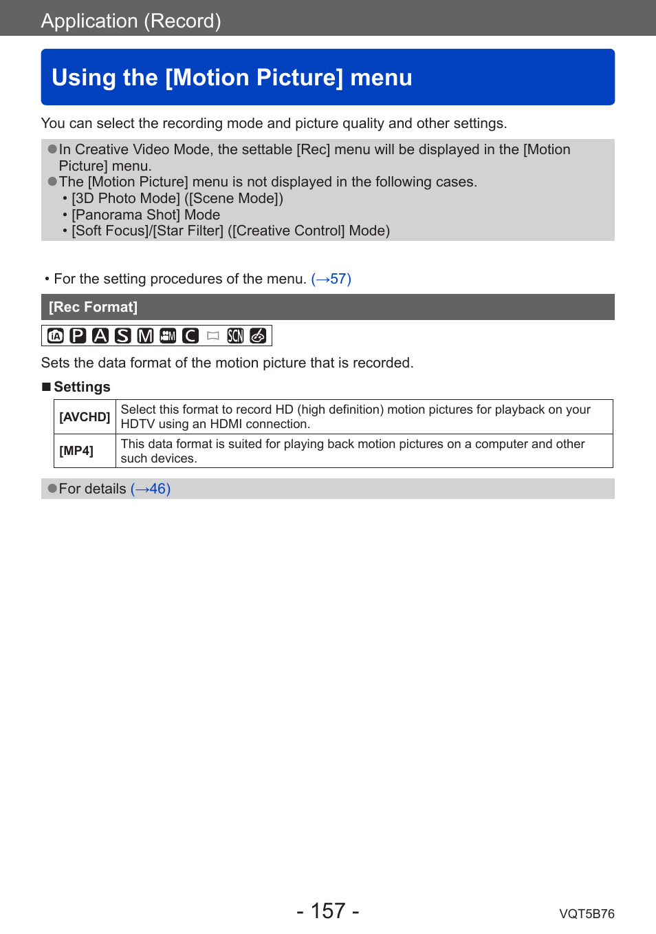 Using the [motion picture] menu, Rec format, Application (record) | Panasonic DMC-FZ70K User Manual | Page 157 / 226