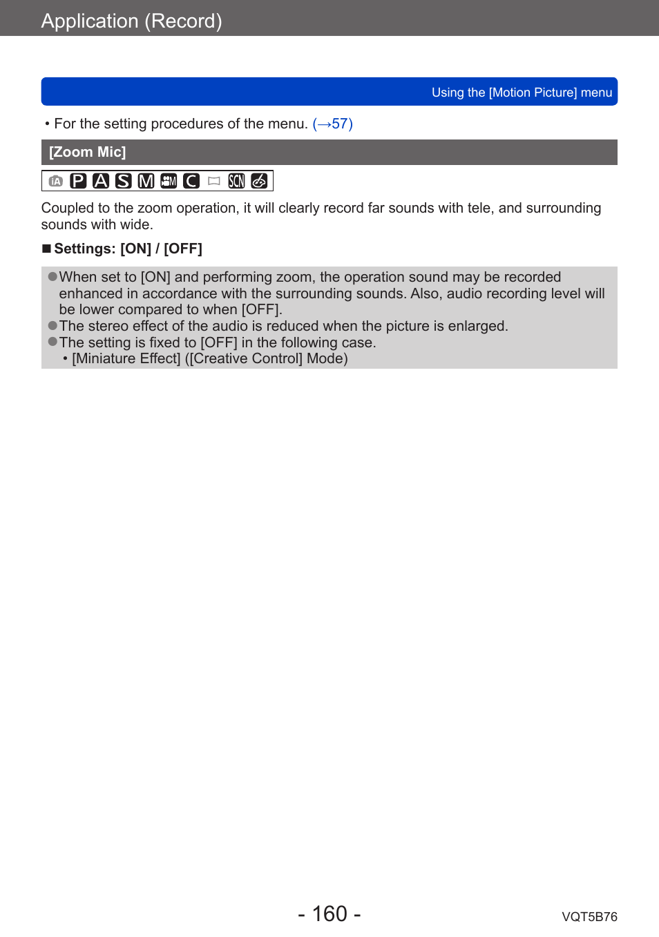 Zoom mic, Application (record) | Panasonic DMC-FZ70K User Manual | Page 160 / 226