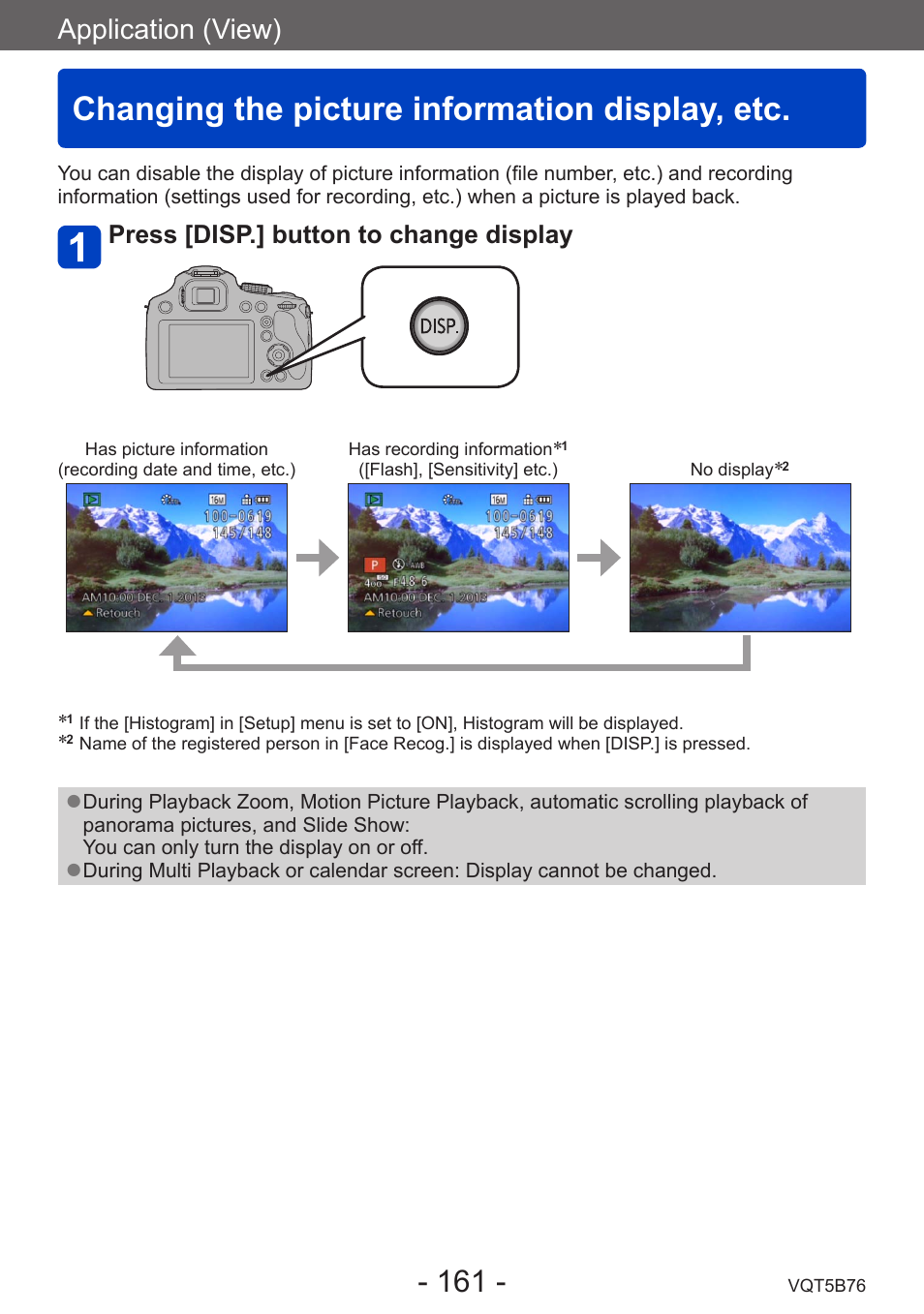 Application (view), Changing the picture information display, etc, Changing the picture information | Display, etc, Press [disp.] button to change display | Panasonic DMC-FZ70K User Manual | Page 161 / 226