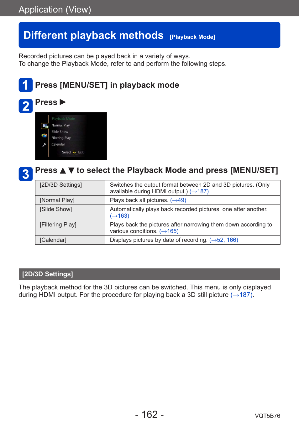 Different playback methods [playback mode, 2d/3d settings, Different playback methods | Playback mode, Application (view) | Panasonic DMC-FZ70K User Manual | Page 162 / 226