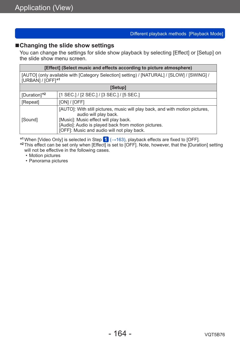 Application (view), Changing the slide show settings | Panasonic DMC-FZ70K User Manual | Page 164 / 226