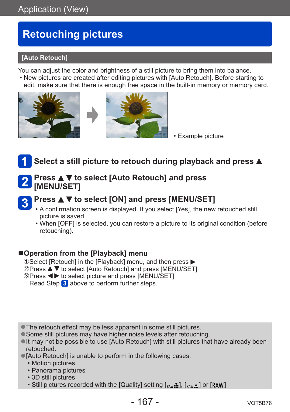 Retouching pictures, Auto retouch, Application (view) | Panasonic DMC-FZ70K User Manual | Page 167 / 226