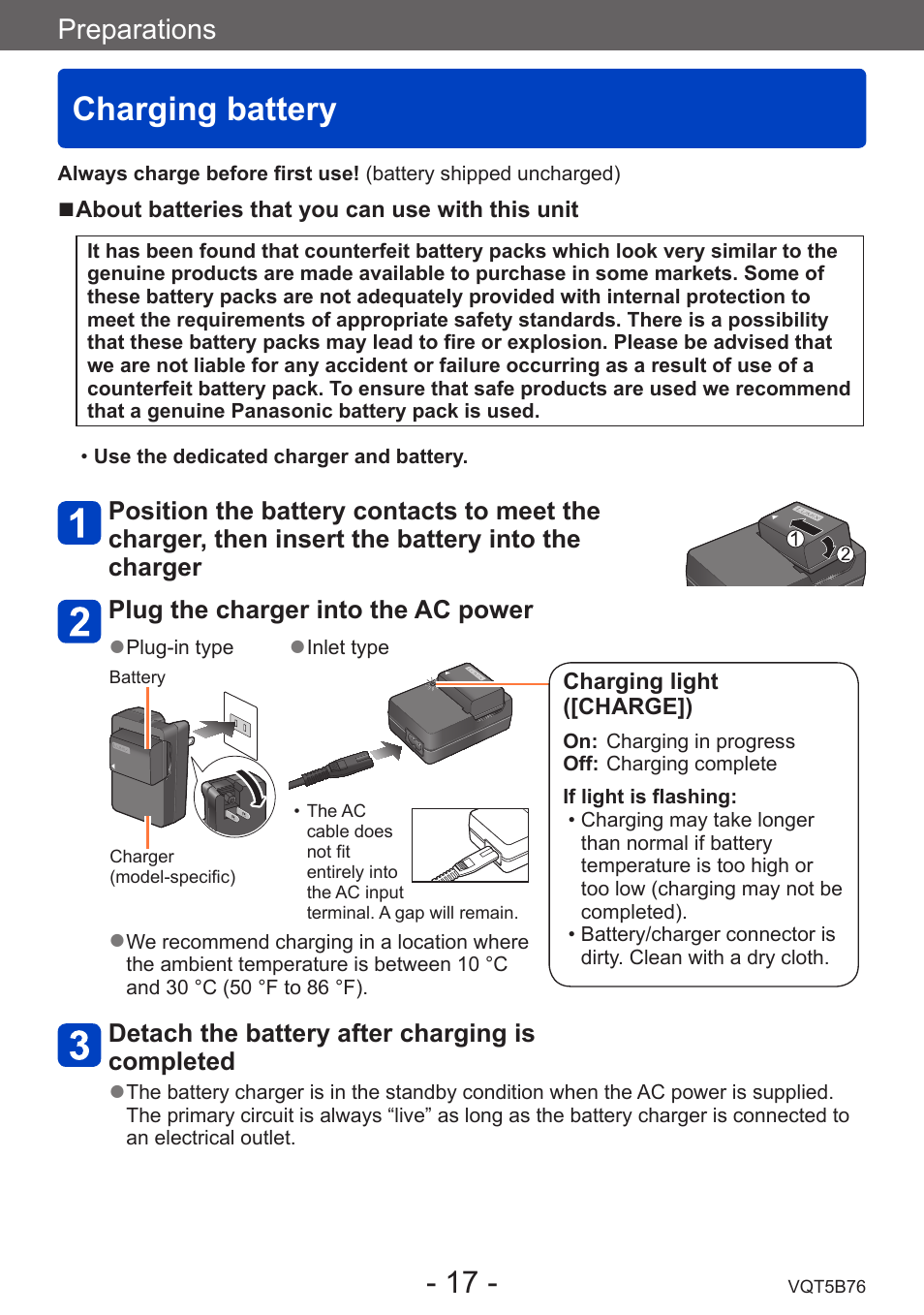 Charging battery, Preparations | Panasonic DMC-FZ70K User Manual | Page 17 / 226