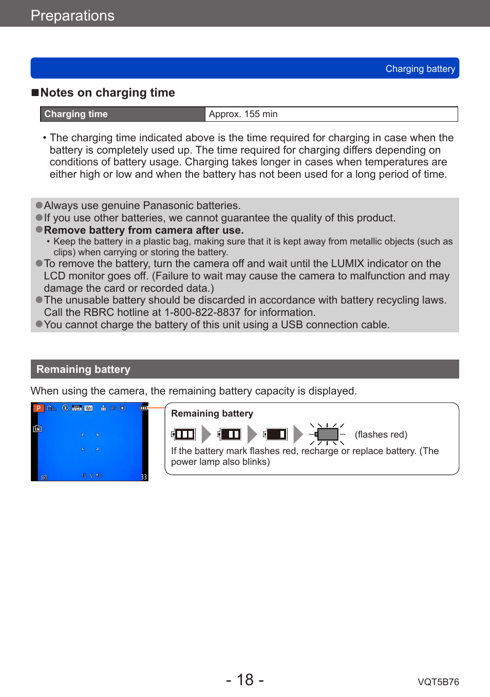 Remaining battery, Preparations | Panasonic DMC-FZ70K User Manual | Page 18 / 226
