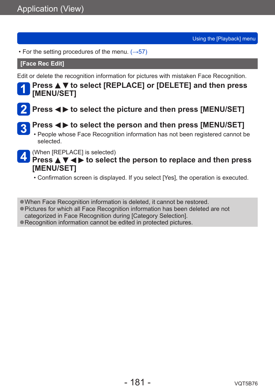 Face rec edit, Application (view) | Panasonic DMC-FZ70K User Manual | Page 181 / 226
