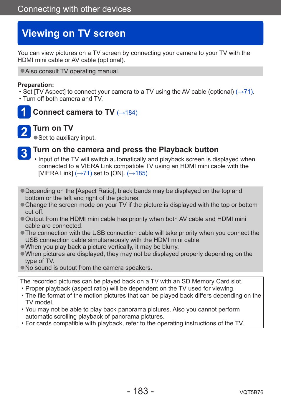 Connecting with other devices, Viewing on tv screen | Panasonic DMC-FZ70K User Manual | Page 183 / 226