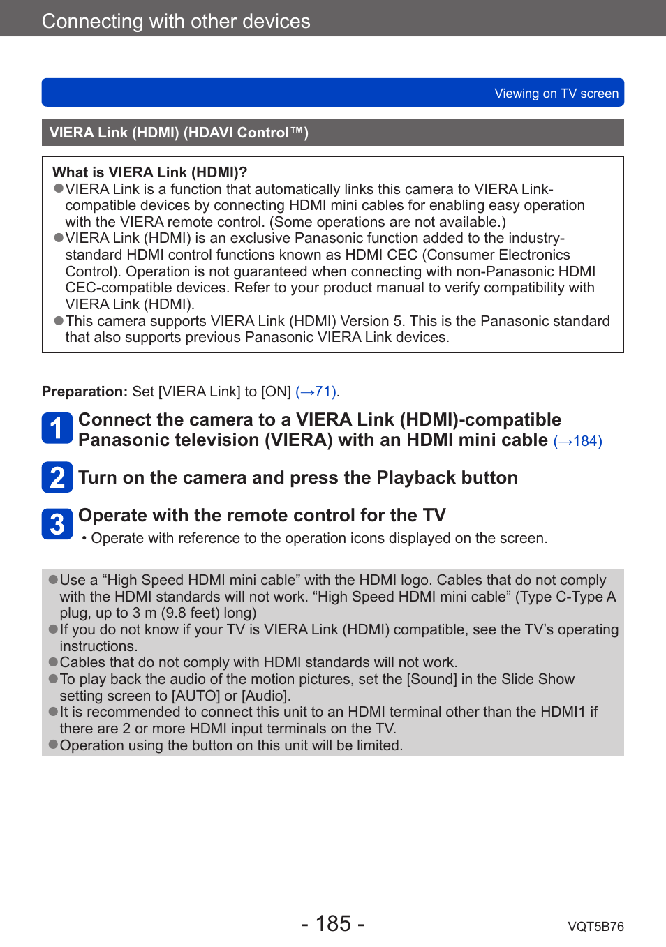 Viera link (hdmi) (hdavi control™), Connecting with other devices | Panasonic DMC-FZ70K User Manual | Page 185 / 226