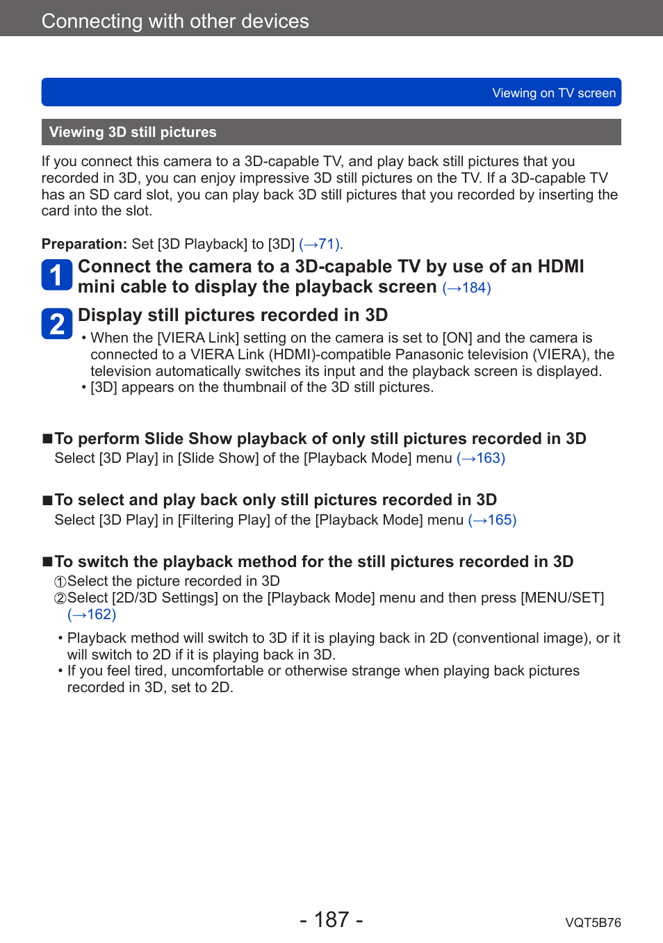 Viewing 3d still pictures, Connecting with other devices | Panasonic DMC-FZ70K User Manual | Page 187 / 226