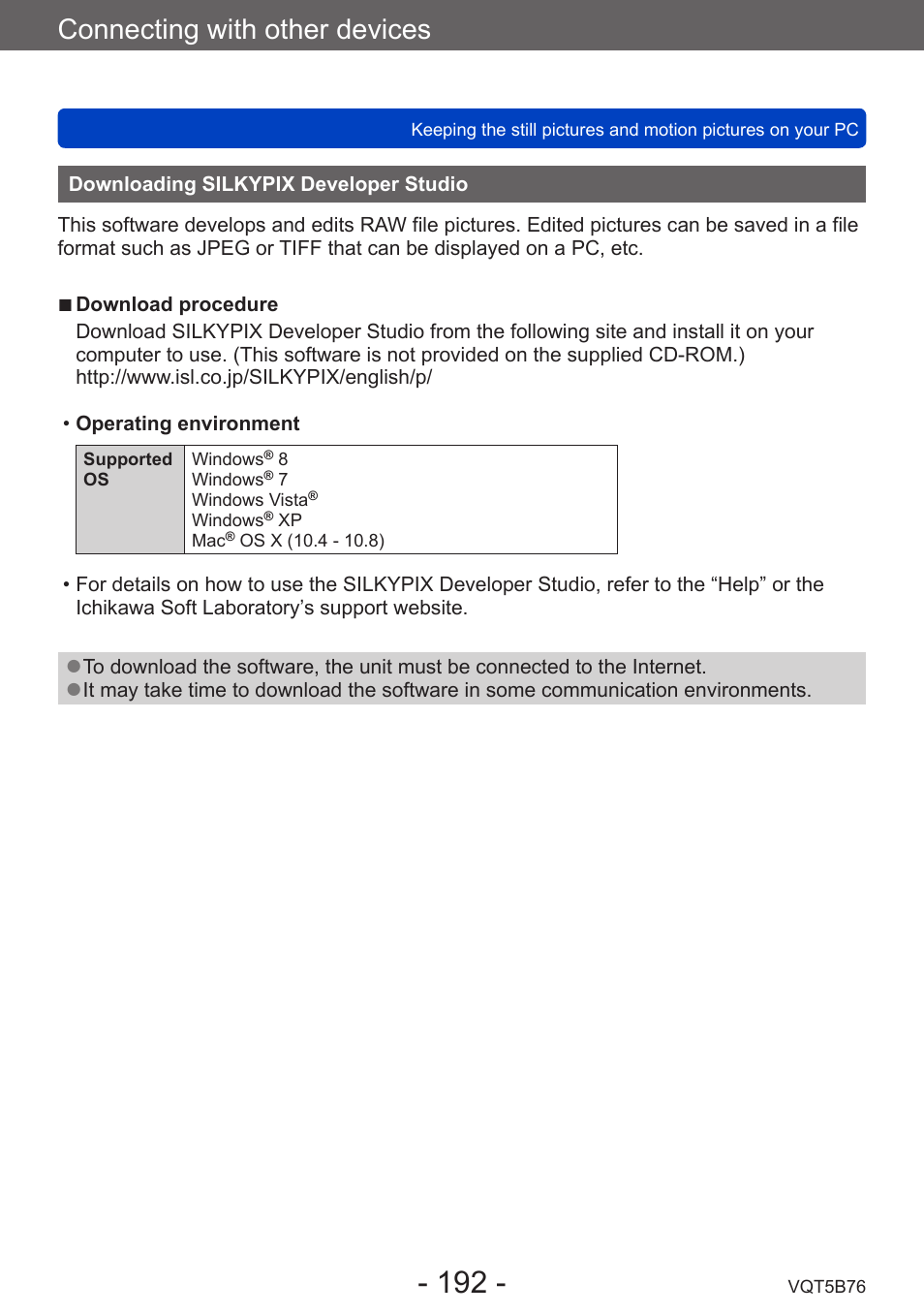 Downloading silkypix developer studio, Downloading silkypix developer, Studio | Connecting with other devices | Panasonic DMC-FZ70K User Manual | Page 192 / 226