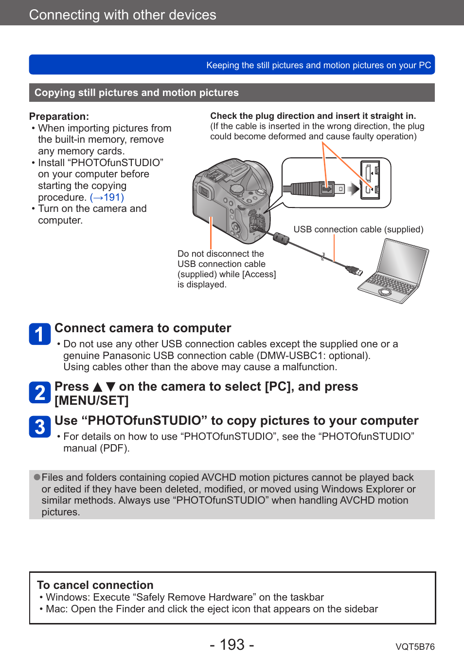 Copying still pictures and motion pictures, Copying still pictures and motion, Pictures | Connecting with other devices, Connect camera to computer | Panasonic DMC-FZ70K User Manual | Page 193 / 226