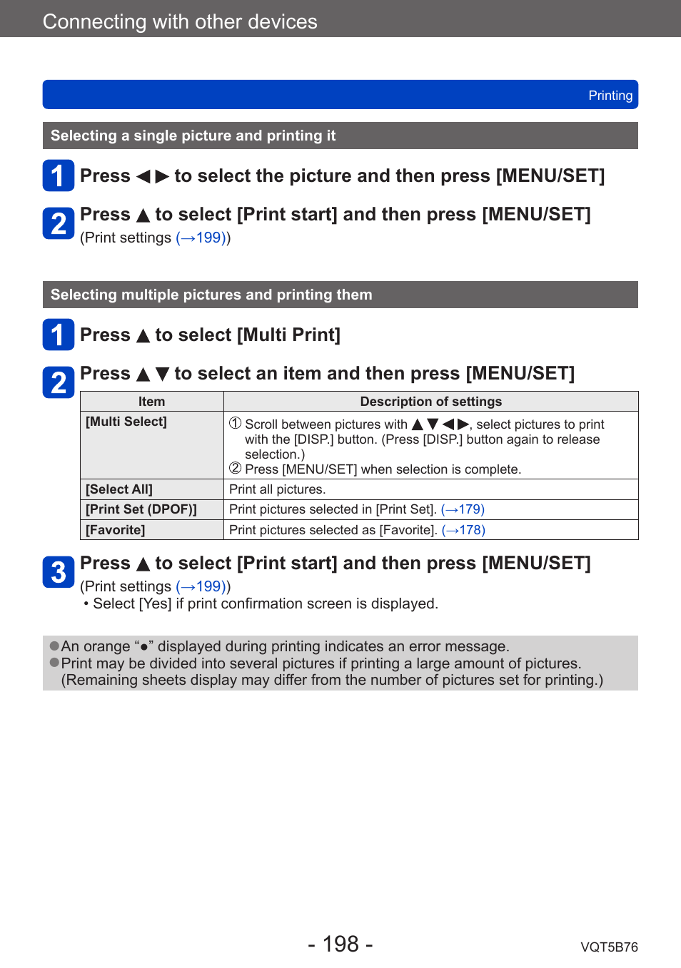 Selecting a single picture and printing it, Selecting multiple pictures and printing them, Selecting multiple pictures and printing | Them, Connecting with other devices | Panasonic DMC-FZ70K User Manual | Page 198 / 226